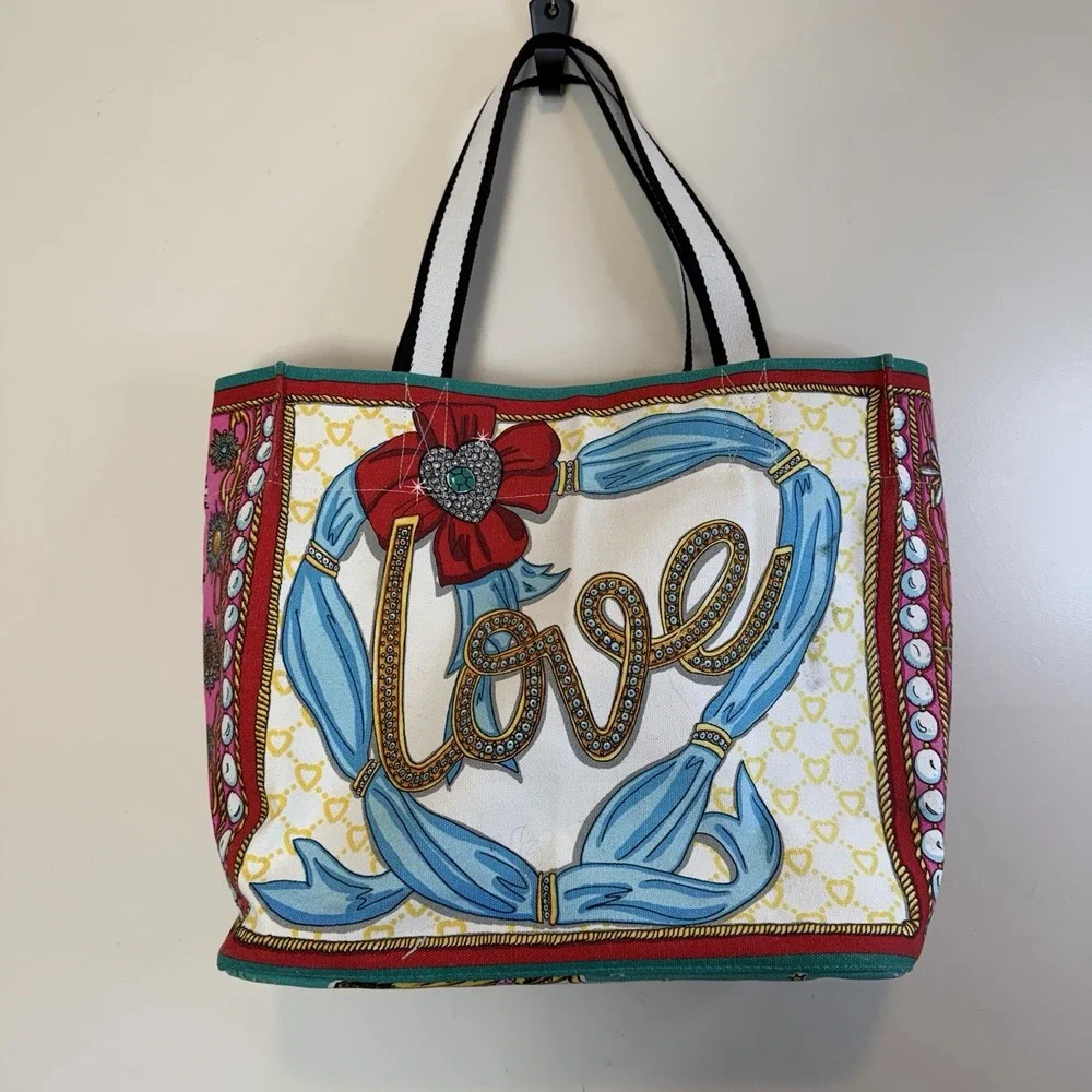 NWT Brighton Large Canvas Tote Bag CityScape Peace Love & Jewels 16x14 Dopamine